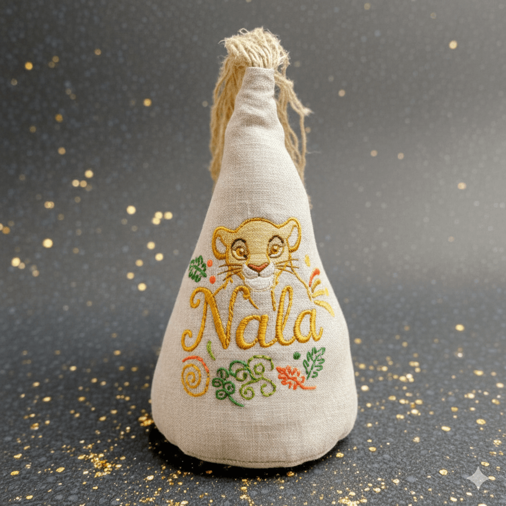 Joujou chien Nala en tissu naturel avec broderie colorée sur fond scintillant